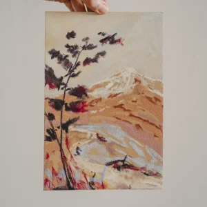 warm soft pastel drawing with a tree and mountain