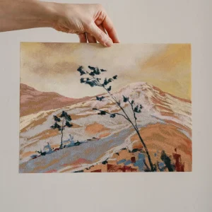 sunny landscape painting of a mountain approach and trees